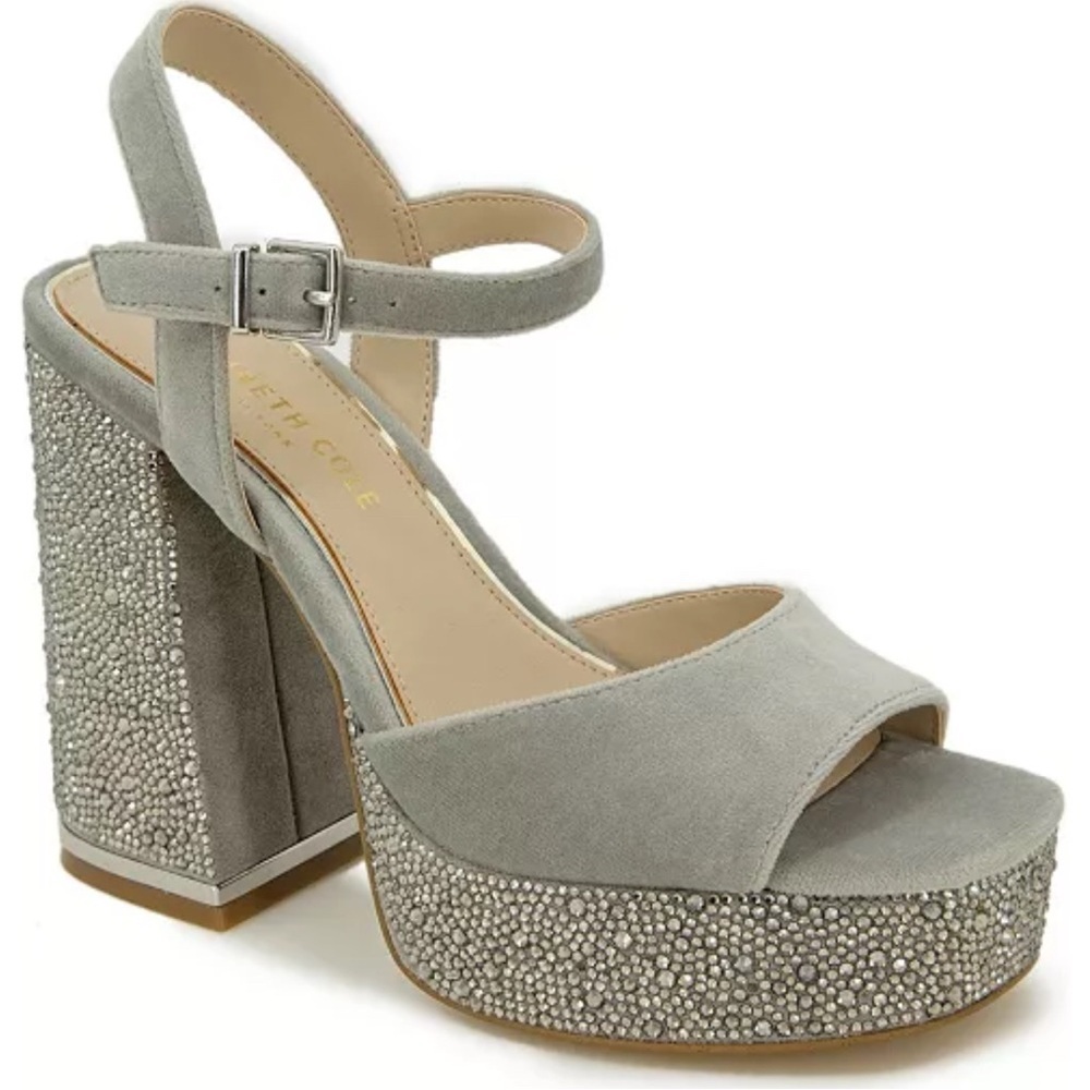 New! Kenneth Cole New York Dolly Crystal Heel Platform Sandal in silver Size 7.5 - Picture 3 of 12